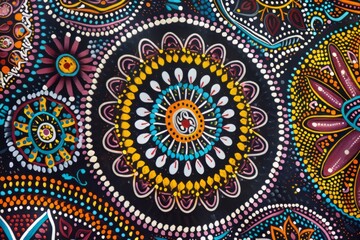A traditional Aboriginal dot painting depicting Dreamtime stories and ancestral connections to the land, rich in symbolism and cultural significance, Generative AI