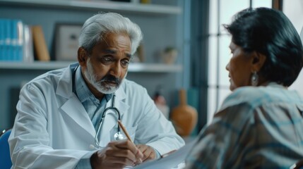 Fototapeta premium Indian male doctor consulting senior old patient filling form at consultation. Professional physician wearing