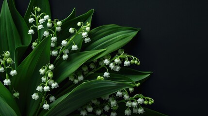 A stunning arrangement of white Lily of the Valley flowers set against a dramatic black backdrop showcasing their delicate beauty This exquisite bouquet features vibrant green leaves captur - obrazy, fototapety, plakaty