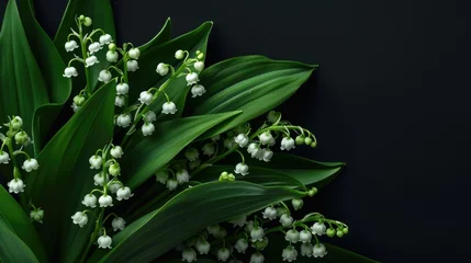 Wandcirkels aluminium A stunning arrangement of white Lily of the Valley flowers set against a dramatic black backdrop showcasing their delicate beauty This exquisite bouquet features vibrant green leaves captur © 2rogan