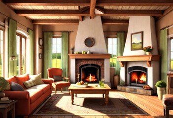 Charming living room with a glowing fireplace, Homey living room featuring a fireplace, Relaxing ambiance with lit fireplace in living room.