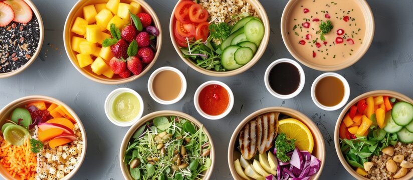 Disposable eco-friendly paper containers with healthy takeout food and beverages on a gray background, viewed from above. The selection includes fresh salad, soup, poke bowl, buddha bowl, fruits,