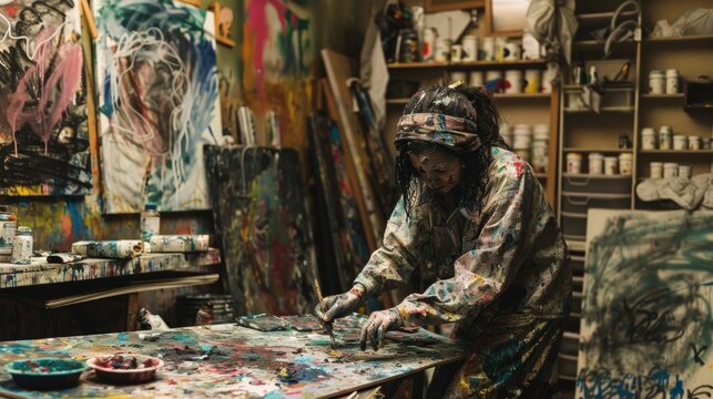 A behindthescenes shot of a visual artist covered in paint passionately working on a canvas surrounded by unfinished pieces in their cluttered studio. .