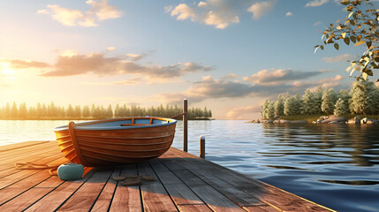 Small wooden boat with a sunburst skyline scenic beauty under the blue sky background
 - Powered by Adobe
