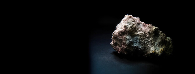 Fototapeta premium Fluckite is a rare precious natural stone on a black background. AI generated. Header banner mockup with space.