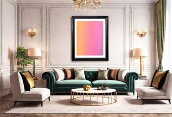 Eye-catching painting in shades of pink and purple complements chic living room design, Modern art piece in pink and purple hues accents stylish living room decor, Vibrant pink and purple painting.