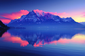 Fototapeta na wymiar A serene sunrise over the snowcapped Alps, reflecting in Lake Lucy's crystalclear waters. Created with Ai