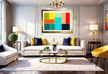 Eye-catching wall décor in living space, Artistic framed painting brightens room, Colorful artwork adds charm.
