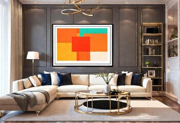Large orange painting as a focal point in room, Cozy interior featuring bold orange artwork, Living room with vibrant orange painting.