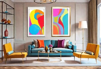 Colorful wall art brightens up the room ambiance, Two bold paintings add pops of color to living space, Vibrant living room with colorful framed paintings.