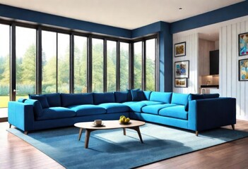 Blue sectional sofa adding a pop of color to the room's décor, Elegant blue sectional sofa for a contemporary living space, Modern blue sectional sofa in cozy living room setting.