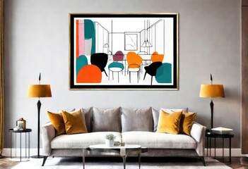 Painting capturing modern living room ambiance with sofas and armchairs, Abstract art piece depicting stylish lounge area with seating, Vibrant artwork illustrating contemporary living space.