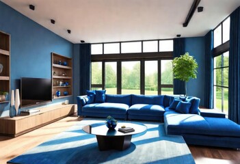 Blue-themed living room décor creating a tranquil ambiance, Relax in this stylish living room with shades of calming blue, A cozy living room with serene blue walls and matching furniture.