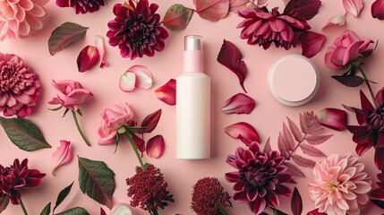 Capture the essence of the perfect Mother s Day gift with a stunning flat lay photo featuring unlabelled cosmetic bottles luxurious creams and rich burgundy flowers with elegant leaves agai