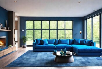 Blue-walled room with inviting fireplace, Tranquil blue-themed living space with fireplace, Cozy living room with blue walls and fireplace.
