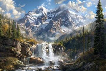 Majestic mountain landscape with snow-capped peaks. and cascading waterfalls