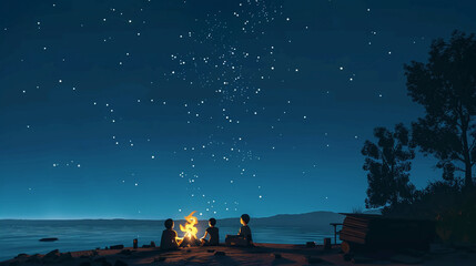 Minimalistic 3D vector illustration of a nighttime campfire storytelling session, kids sitting around the fire under the stars