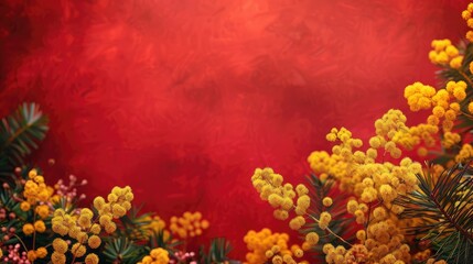 A stunning display of mimosa blossoms against a vibrant crimson backdrop with space for text