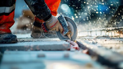 Worker cutting a tile using an angle grinder at construction site. Cutting large ceramic tiles. The worker cuts the tiles with a special tool. Quality photo. construction concept. copy space for text. - obrazy, fototapety, plakaty