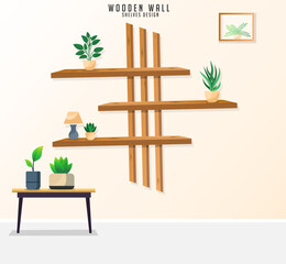  Wooden wall shelves design vector illusation. Vector wood. Bedroom shelves design. Wall shelves vector art. Premium. Indoor plant. Nature. Illustration.