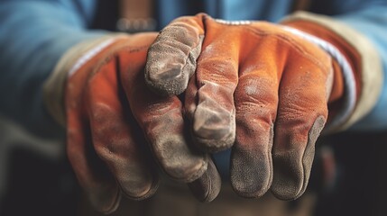 Construction worker hands with gloves - obrazy, fototapety, plakaty