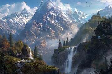 Majestic mountain landscape with snow-capped peaks. and cascading waterfalls