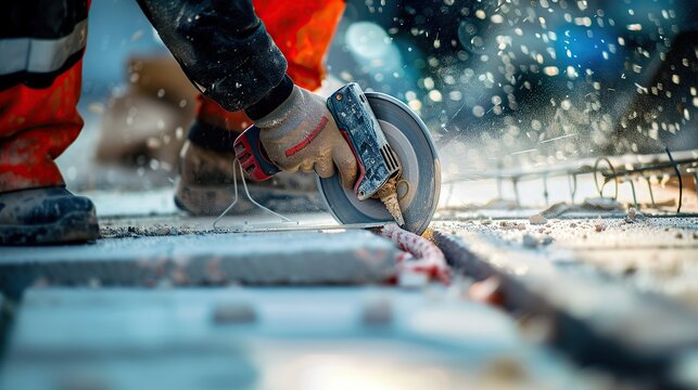 Worker cutting a tile using an angle grinder at construction site. Cutting large ceramic tiles. The worker cuts the tiles with a special tool. Quality photo. construction concept. copy space for text.