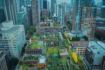 Fototapeta premium Bustling urban landscape with green roofs, rooftop gardens