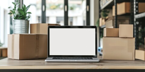 Online shop table with laptop computer, white screen, shipping box, retail market
