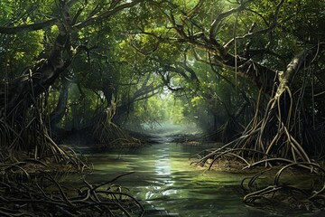 Dense mangrove forest with intertwined roots There is a winding waterway.