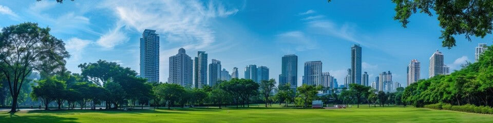 Parks and tall buildings in the city center Green environment city and central business district in...