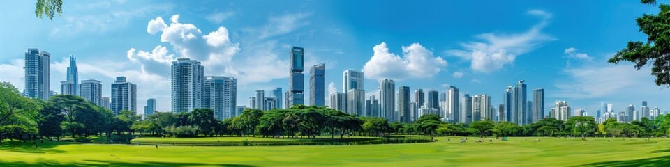 Fototapeta na wymiar Parks and tall buildings in the city center Green environment city and central business district in panoramic view.