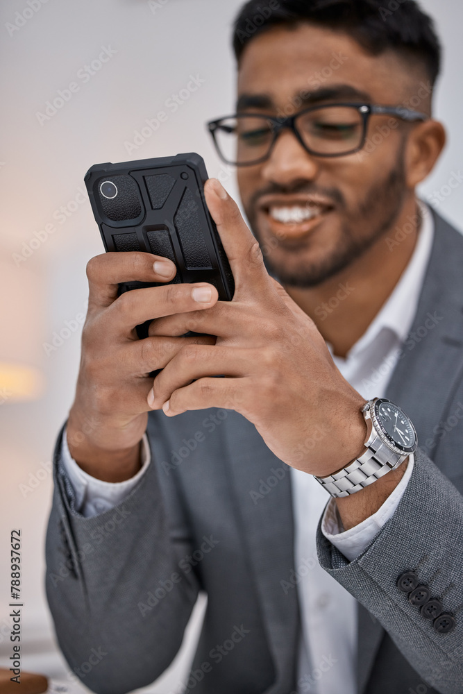 Canvas Prints Mexican man, phone and networking in office, employee and email business contact or typing. Male person, glasses and online for research in workplace, lawyer planning and internet for legal website