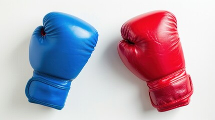 Red and blue boxing gloves on white background.