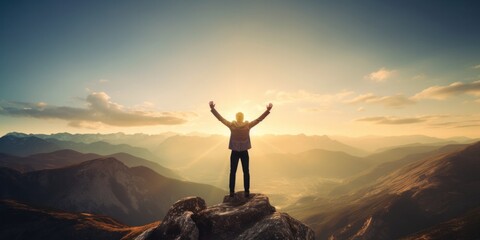 Raising arms on top of mountain with blue sky and sunlight The concept of being a successful leader...