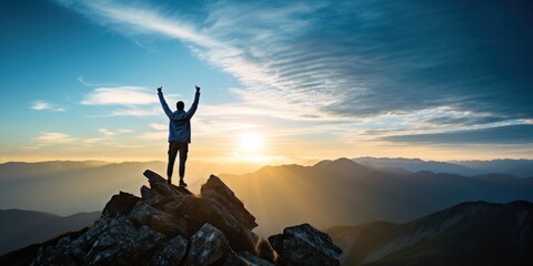 Raising arms on top of mountain with blue sky and sunlight The concept of being a successful leader with goals, growth, and upwards.