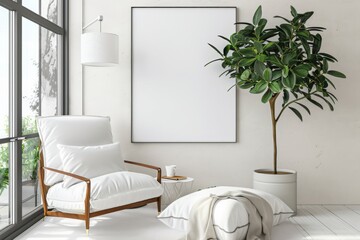 Scandinavian style living room with poster mockup created with generative ai
