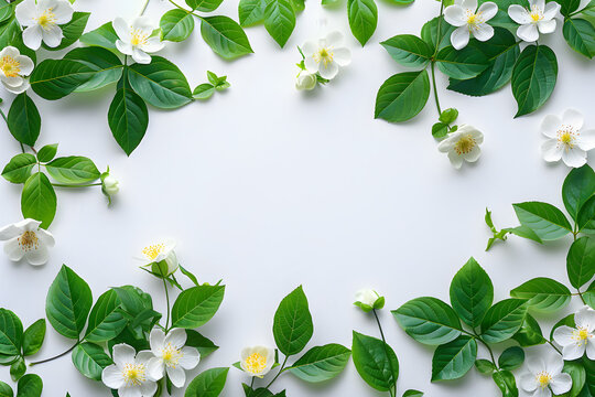 Fototapeta A vibrant flower and green leaves on a white background, perfect for botanical or nature-related themes.