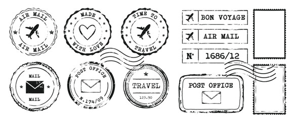 Collection of Vintage Postal Stamps and Postmarks featuring Airplanes, Hearts, and text, in black ink. Retro grunge Scrapbook elements