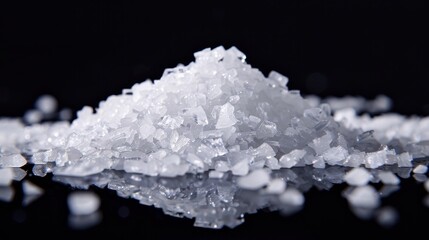 Sodium acetate, which is a colorless crystalline compound containing sulfuric acid. Black background.
