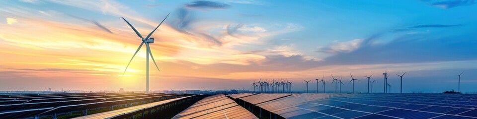 Photovoltaic power plant and wind generator under the blue sunset sky