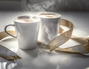Image of two cappuccinos with latte art and ribbon.