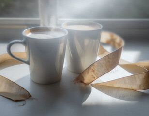 Image of two cappuccinos with latte art and ribbon.