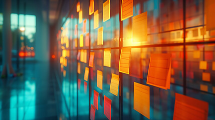 Sticky Note Post It Board Office. Business people meeting at office and use post it notes to share idea. Brainstorming concept. Sticky note on glass wall or blackboard. Set of colorful blank notes. 