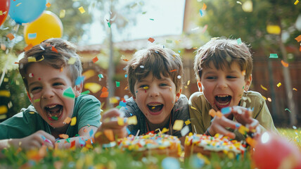 Happy 7 years old boy celebrating his birthday party with his friends - Powered by Adobe