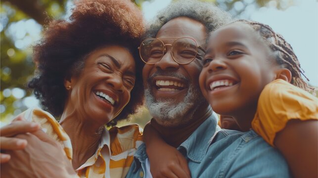 Happy grandmother and granddaughter smiling together in a family portrait, surrounded by friends and loved ones, enjoying the outdoors in summer