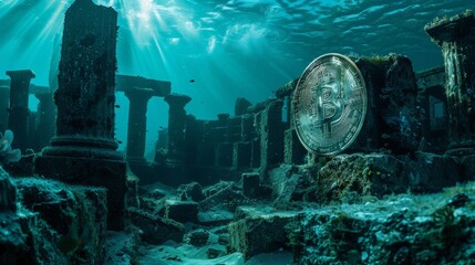 Bitcoin emerges among ancient ruins underwater, depicting lost civilizations and treasure - obrazy, fototapety, plakaty