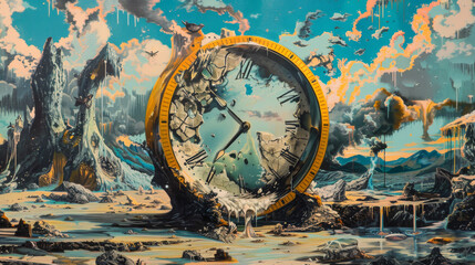 Surreal landscape with a melting clock, representing the fluidity of time and dimensional shifts - obrazy, fototapety, plakaty