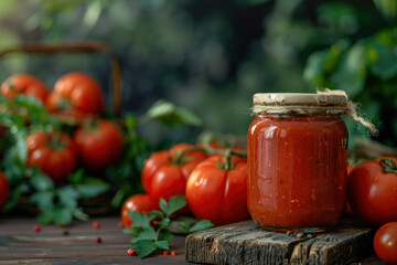 homemade red tomato sauce in a glass jar on a wooden table with fresh tomatoes