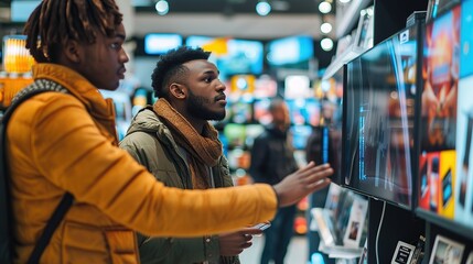 Fototapeta premium Young Multiethnic Customer Advising with Retail Home Electronics Store Salesperson. Stylish Man is Interested in Buying a Flat-Screen TV. copy space for text.